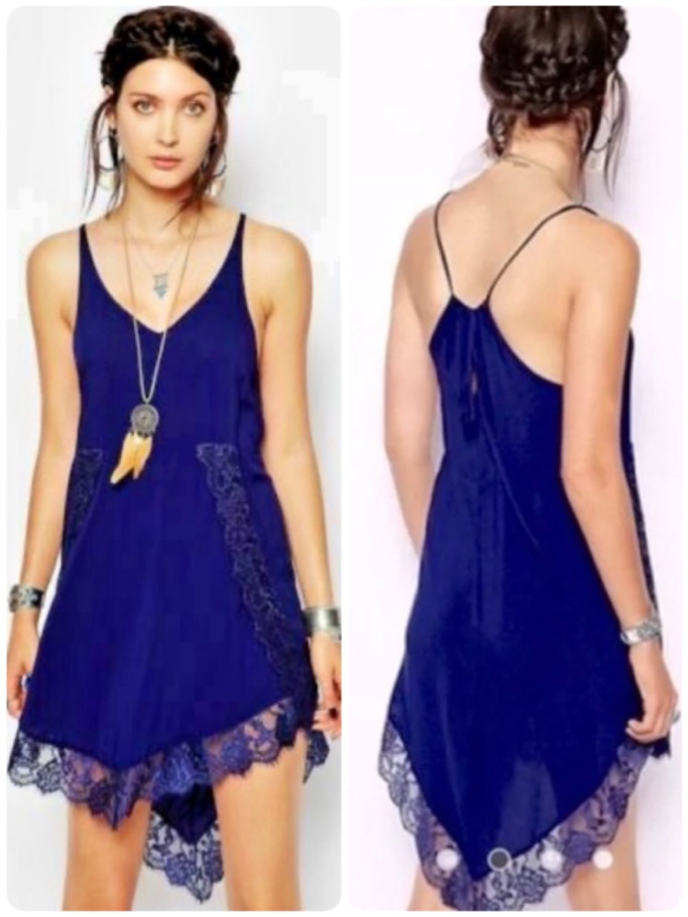 Free People Intimately Eyelashes Lace Trim Mini Slip Dress Indigo Ink Blue M